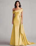 Robe de bal sirène - une épaule, longue plissée eucalyptus, train chapelle