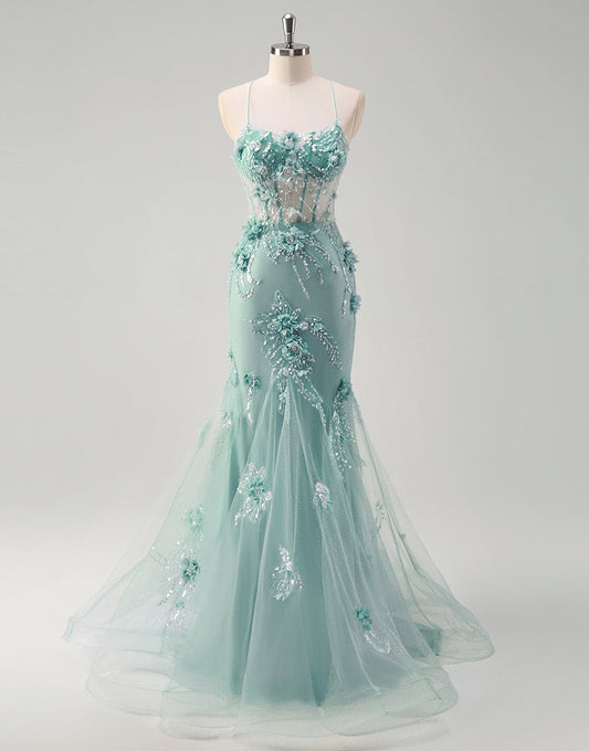 Robe de bal longue sirène spaghetti verte avec appliques de fleurs 3D