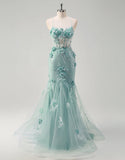 Robe de bal longue sirène spaghetti verte avec appliques de fleurs 3D