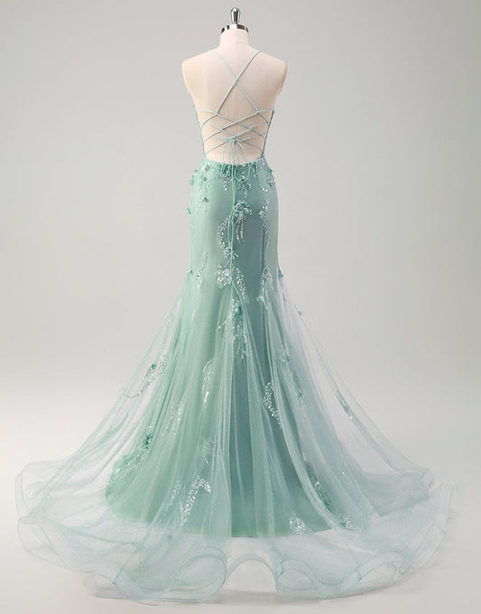 Robe de bal longue sirène spaghetti verte avec appliques de fleurs 3D