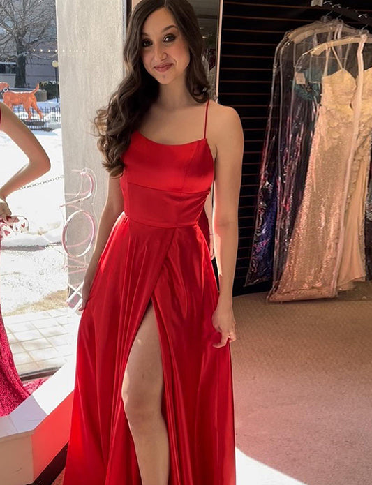 Robe de bal de fin d'année rouge à bretelles spaghetti avec fente