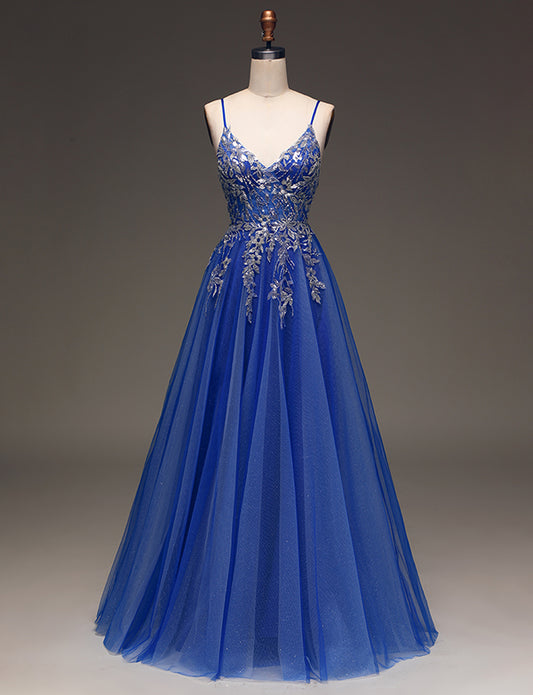 Robe de bal de fin d'année à bretelles spaghetti bleu roi Robe de bal de fin d'année avec applications