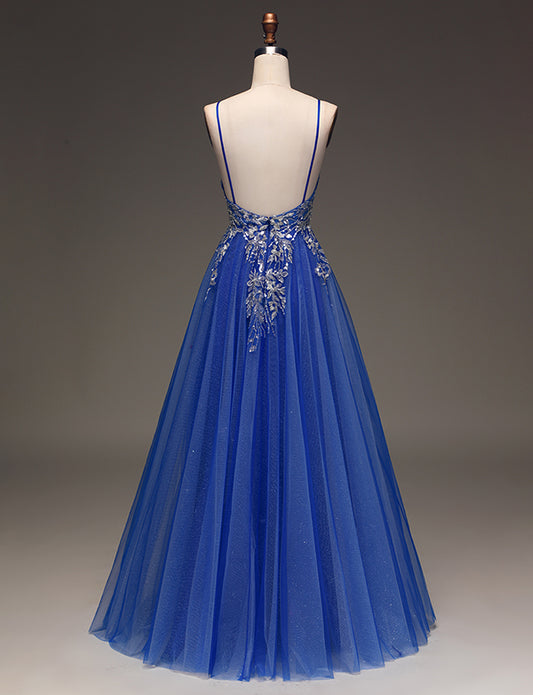 Robe de bal de fin d'année à bretelles spaghetti bleu roi Robe de bal de fin d'année avec applications