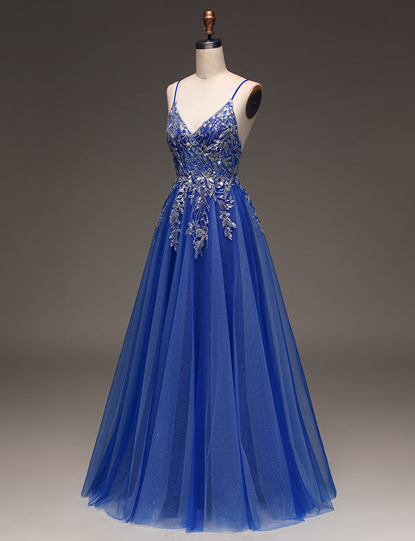 Robe de bal de fin d'année à bretelles spaghetti bleu roi Robe de bal de fin d'année avec applications