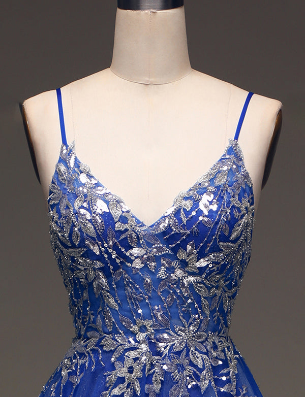 Robe de bal de fin d'année à bretelles spaghetti bleu roi Robe de bal de fin d'année avec applications