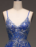 Robe de bal de fin d'année à bretelles spaghetti bleu roi Robe de bal de fin d'année avec applications