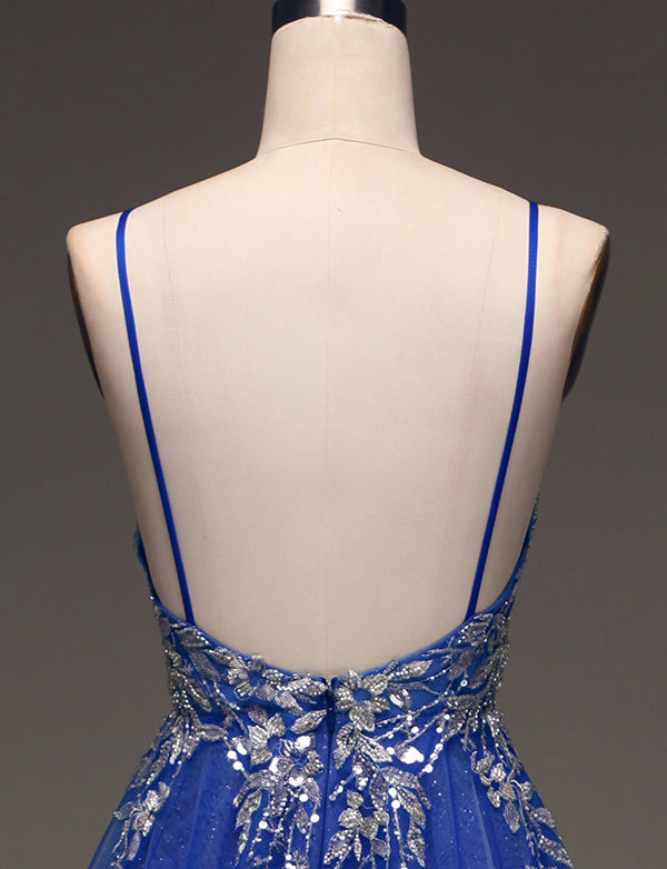 Robe de bal de fin d'année à bretelles spaghetti bleu roi Robe de bal de fin d'année avec applications