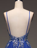 Robe de bal de fin d'année à bretelles spaghetti bleu roi Robe de bal de fin d'année avec applications