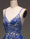 Robe de bal de fin d'année à bretelles spaghetti bleu roi Robe de bal de fin d'année avec applications