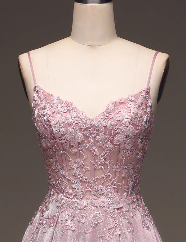 Robe de bal de fin d'année à bretelles spaghetti Fard à joues avec applications