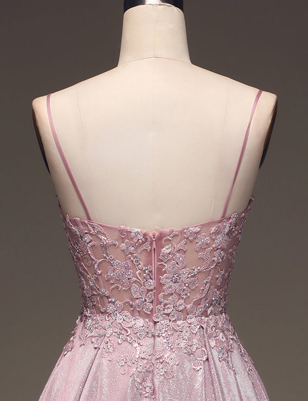 Robe de bal de fin d'année à bretelles spaghetti Fard à joues avec applications