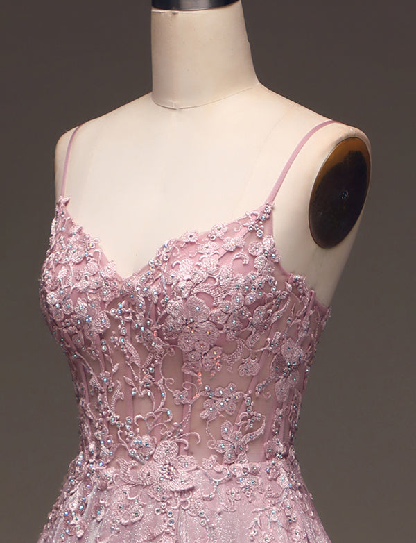 Robe de bal de fin d'année à bretelles spaghetti Fard à joues avec applications