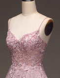 Robe de bal de fin d'année à bretelles spaghetti Fard à joues avec applications