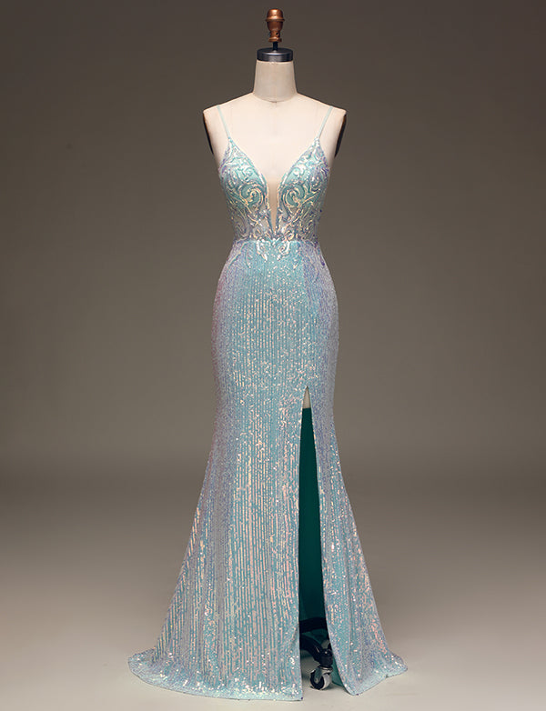 Robe longue de bal de fin d'année à paillettes grises et bleues Mermaid