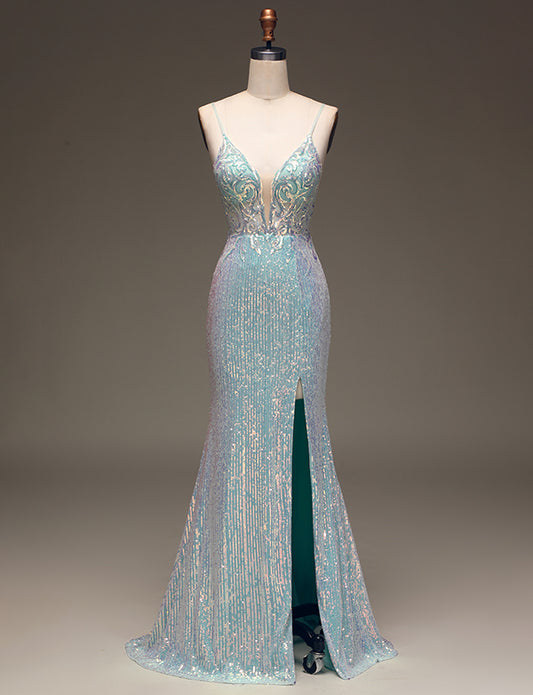 Robe longue de bal de fin d'année à paillettes grises et bleues Mermaid