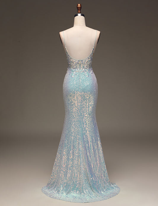 Robe longue de bal de fin d'année à paillettes grises et bleues Mermaid