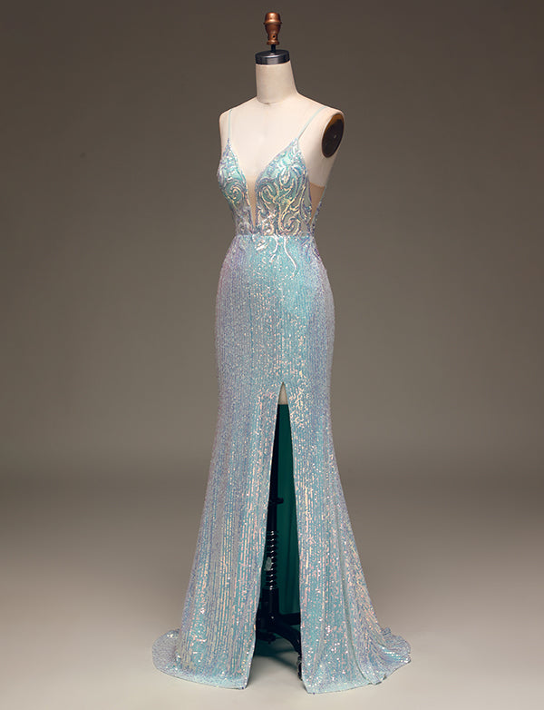 Robe longue de bal de fin d'année à paillettes grises et bleues Mermaid