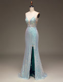 Robe longue de bal de fin d'année à paillettes grises et bleues Mermaid