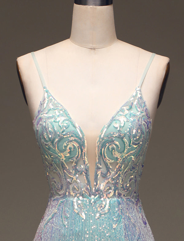 Robe longue de bal de fin d'année à paillettes grises et bleues Mermaid