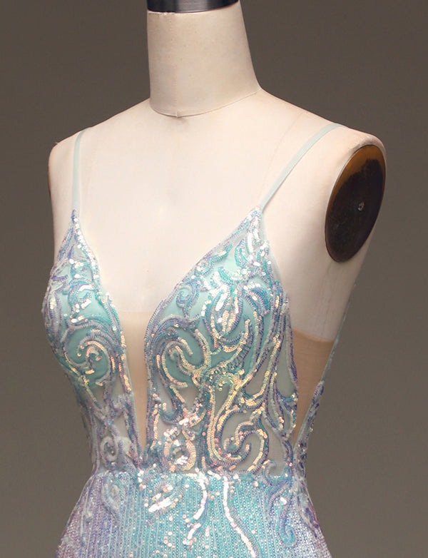 Robe longue de bal de fin d'année à paillettes grises et bleues Mermaid