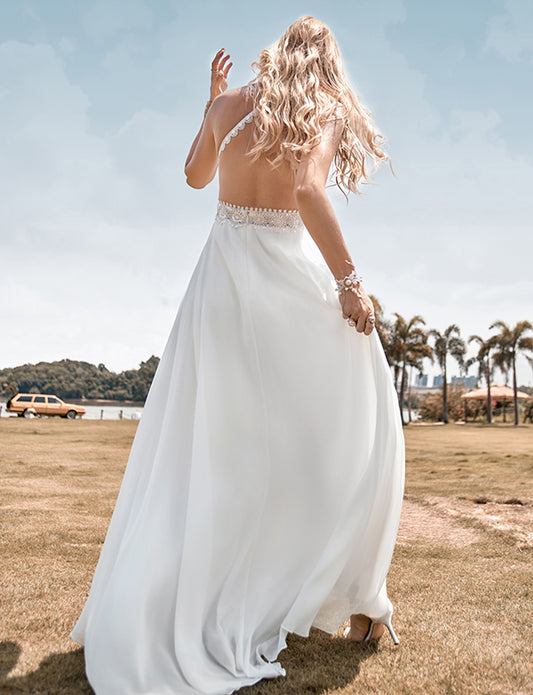 Robe de mariage boho à bretelles spaghetti en dentelle sans dos avec fente