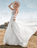 Robe de mariage boho à bretelles spaghetti en dentelle sans dos avec fente