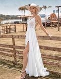 Robe de mariage boho à bretelles spaghetti en dentelle sans dos avec fente