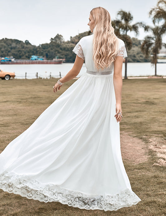 Robe de mariée Boho simple avec décolleté en V profond et fente