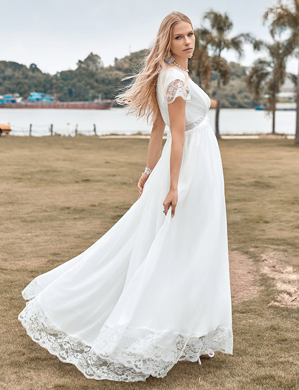 Robe de mariée Boho simple avec décolleté en V profond et fente