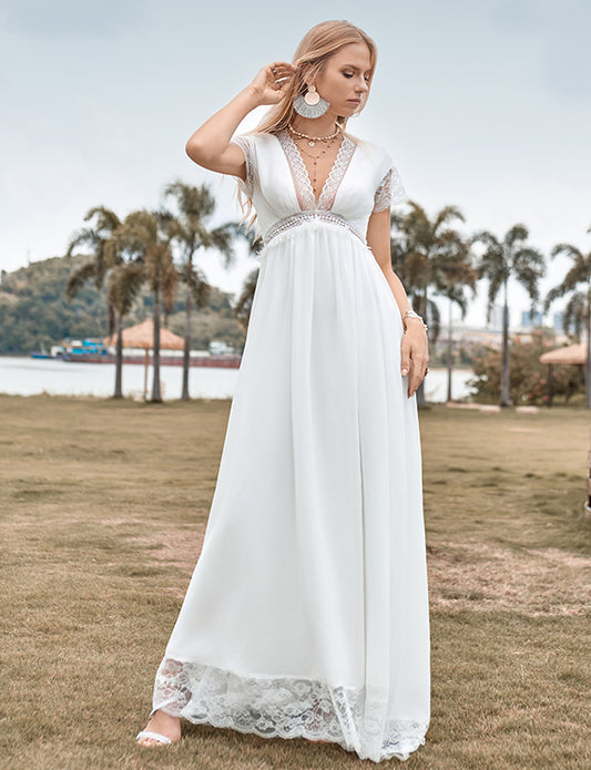 Robe de mariée Boho simple avec décolleté en V profond et fente