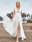 Robe de mariée Boho simple avec décolleté en V profond et fente