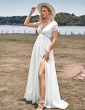 Robe de mariée Boho simple avec décolleté en V profond et fente
