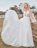 Robe de mariée ivoire A Line à manches longues et dos ouvert avec applications