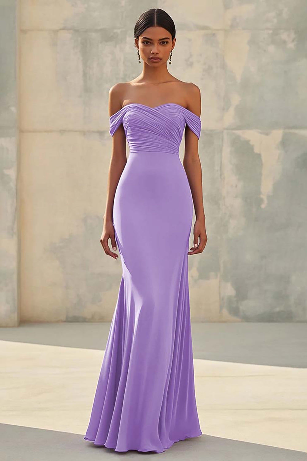 Sirène épaule dénudée Robe longue formelle en mousseline de soie violette