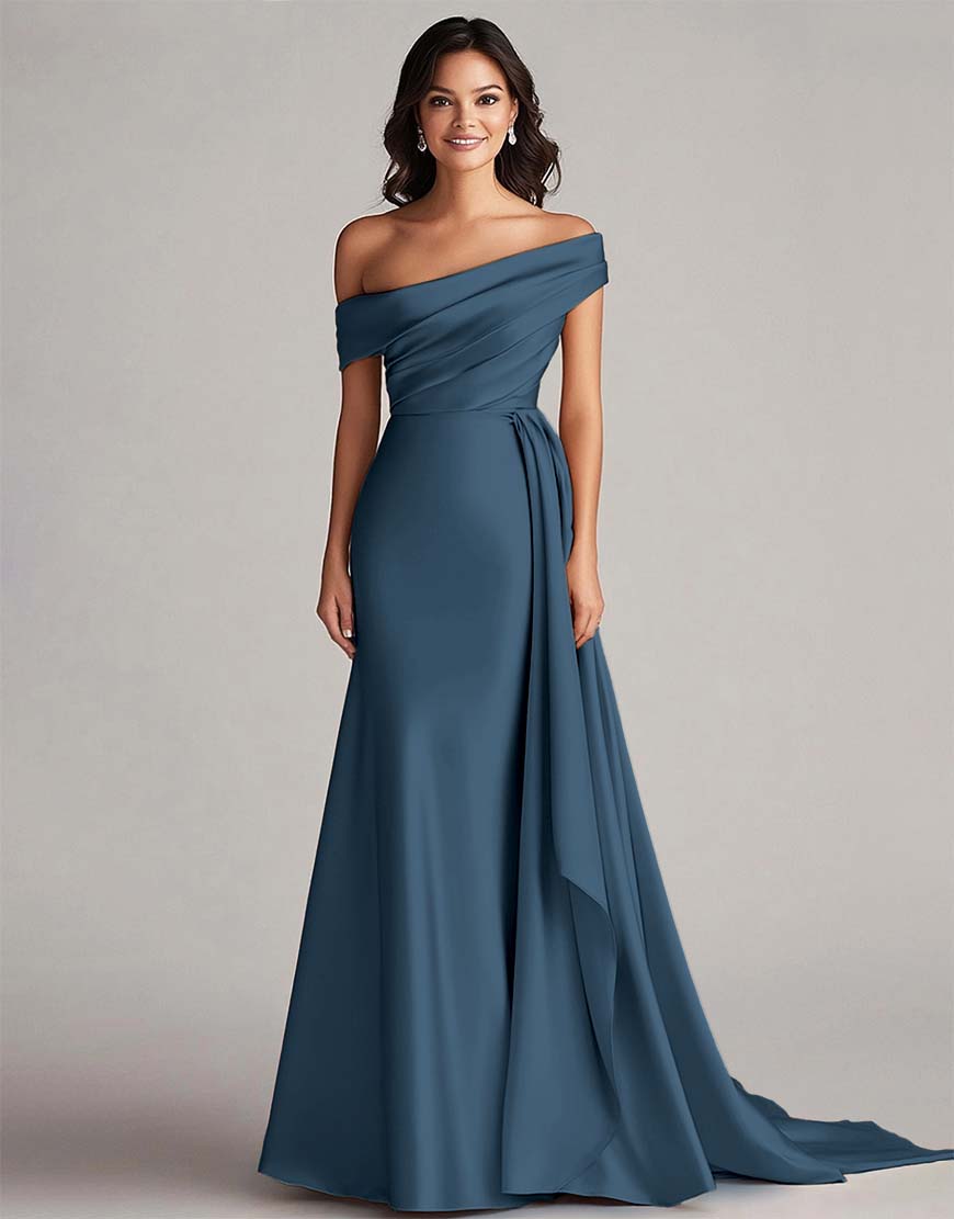 Robe de bal sirène - une épaule, longue plissée eucalyptus, train chapelle