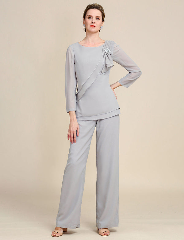 Combinaisons pantalons 2 pièces grises à manches longues pour la mère de la mariée