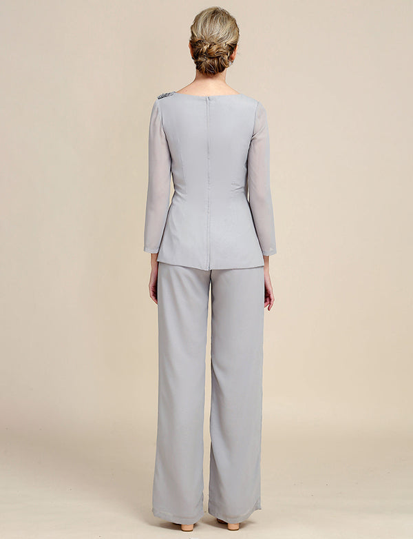 Combinaisons pantalons 2 pièces grises à manches longues pour la mère de la mariée