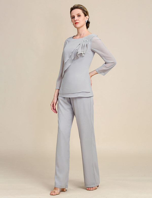 Combinaisons pantalons 2 pièces grises à manches longues pour la mère de la mariée