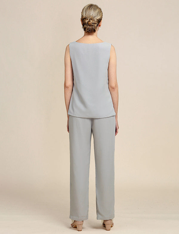 Combinaisons pantalon 3 pièces grises pour la mère de la mariée avec dentelle