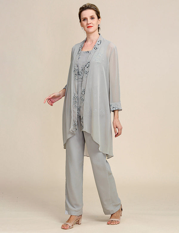 Combinaisons pantalon 3 pièces grises pour la mère de la mariée avec dentelle
