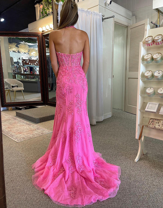 Robe de bal longue en tulle fuchsia à col licou et sirène avec appliques