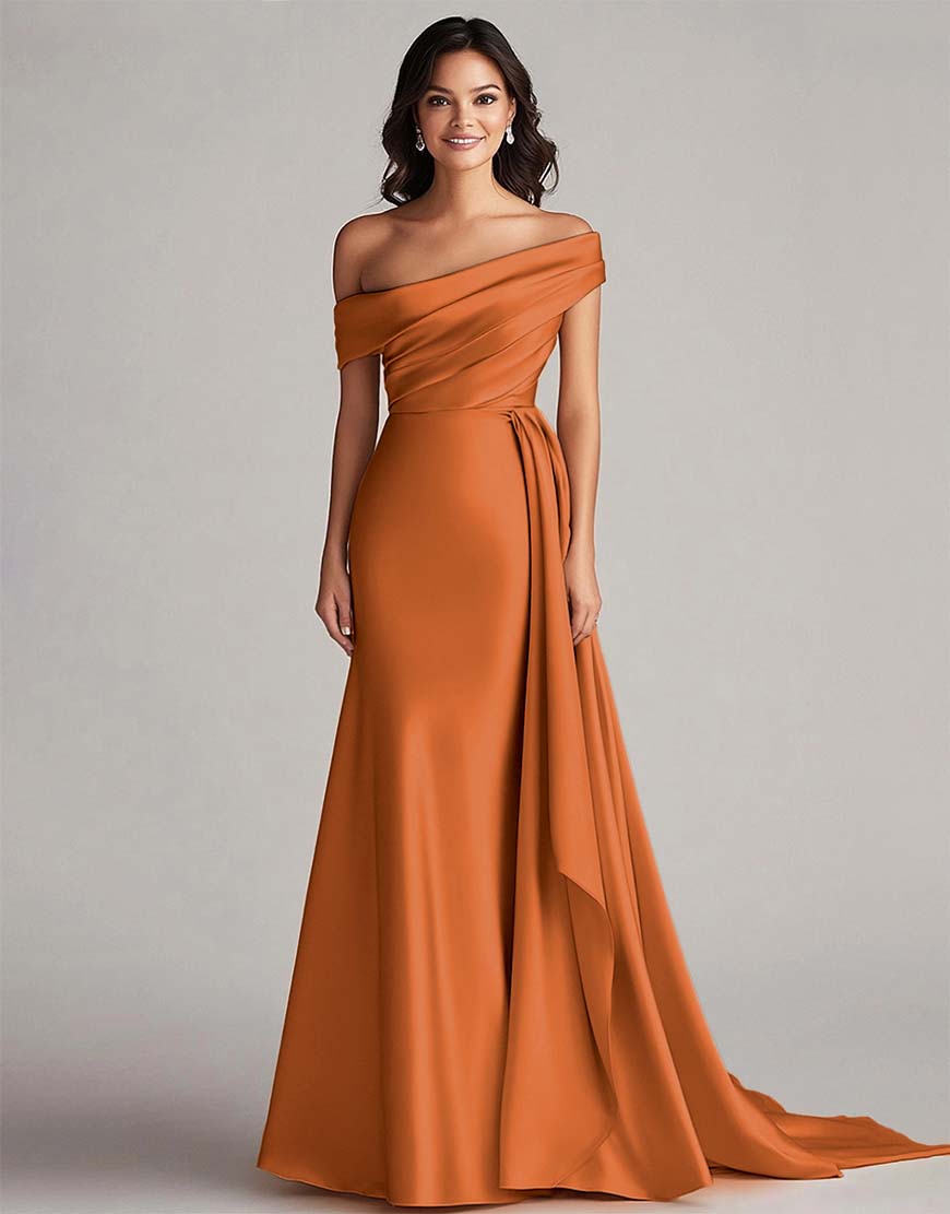Robe de bal sirène - une épaule, longue plissée eucalyptus, train chapelle