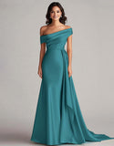 Robe de bal sirène - une épaule, longue plissée eucalyptus, train chapelle