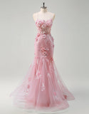 Robe de bal longue sirène spaghetti verte avec appliques de fleurs 3D