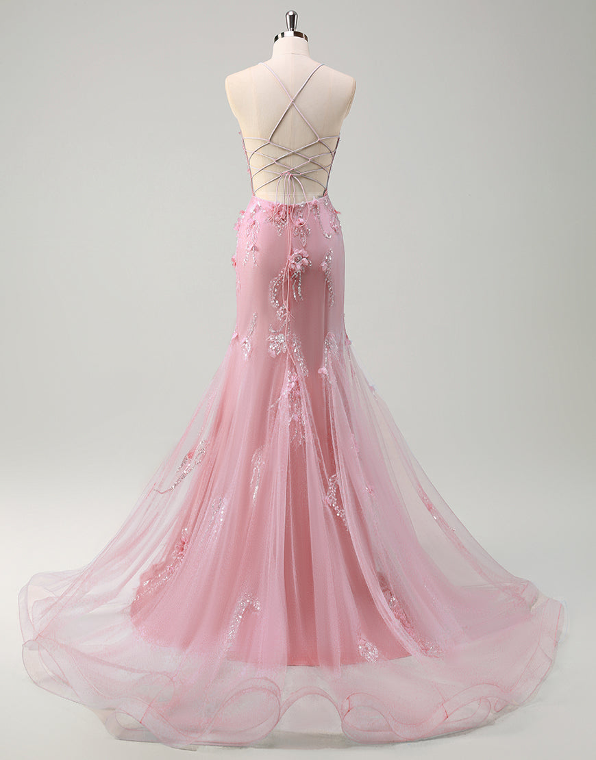 Robe de bal longue sirène spaghetti verte avec appliques de fleurs 3D