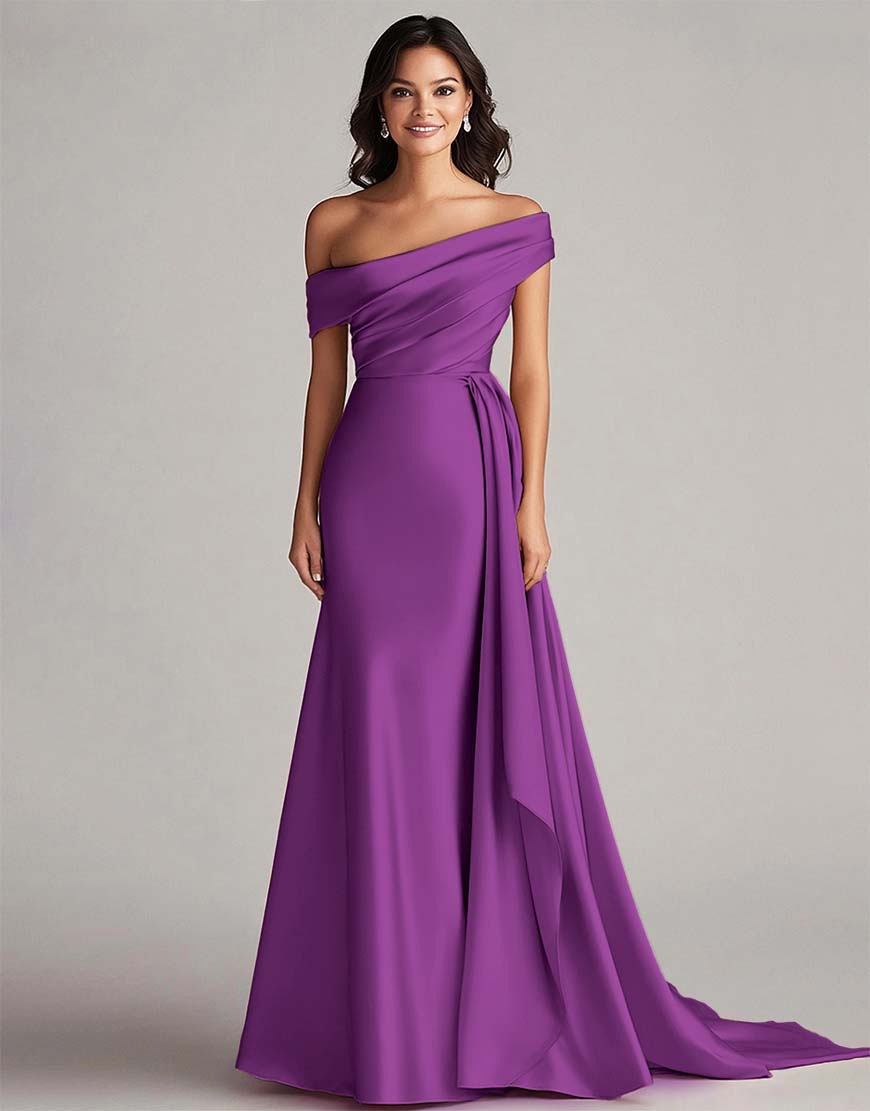 Robe de bal sirène - une épaule, longue plissée eucalyptus, train chapelle