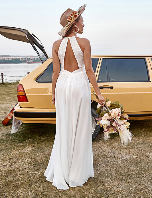 Robe de mariée en dentelle ivoire en mousseline de soie Halter Boho avec fente