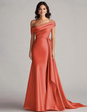 Robe de bal longue en satin moulant, un seul épaule, plissée, avec queue chapelle pour soirées et fêtes spéciales