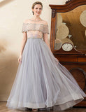 Robe de la mère de mariée en tulle gris, ligne A, perlée et pailletée