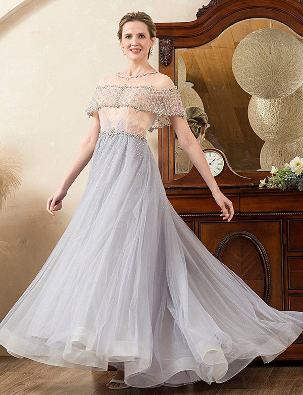 Robe de la mère de mariée en tulle gris, ligne A, perlée et pailletée